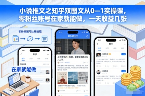 小说推文之知乎双图文从0—1实操课，零粉丝账号在家就能做，一天收益几张-A7徐多钱云网创