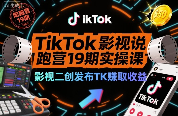 TikTok影视解说陪跑营19期实操课，影视二创发布TK賺取收益，万播收益50美金(更新)-A7徐多钱云网创