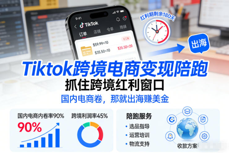 Tiktok跨境电商变现陪跑，抓住跨境红利窗口，国内电商卷，那就出海賺美金-A7徐多钱云网创