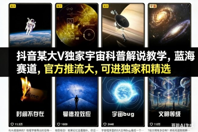抖音某大V独家宇宙科普解说教学，蓝海赛道，官方推流大，可进独家和精选-A7徐多钱云网创