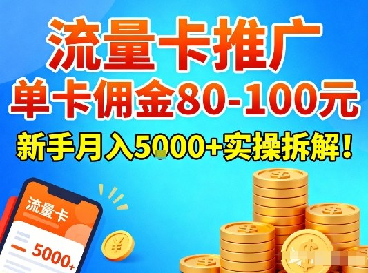 流量卡推广，单卡佣金80-100，新手月入5k+实操拆解！-A7徐多钱云网创