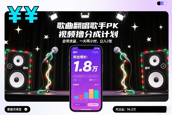歌曲翻唱歌手PK视频撸分成计划，自带流量，一天两小时，日入2张-A7徐多钱云网创
