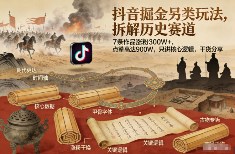 抖音掘金另类玩法，拆解历史赛道，7条作品涨粉300W+，点赞量高达900W，只讲核心逻辑，干货分享-A7徐多钱云网创