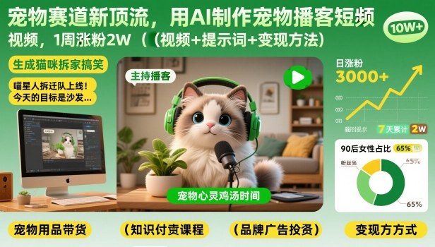 宠物赛道新顶流，用AI制作宠物播客短视频，1周涨粉2W(视频+提示词+变现方法)-A7徐多钱云网创