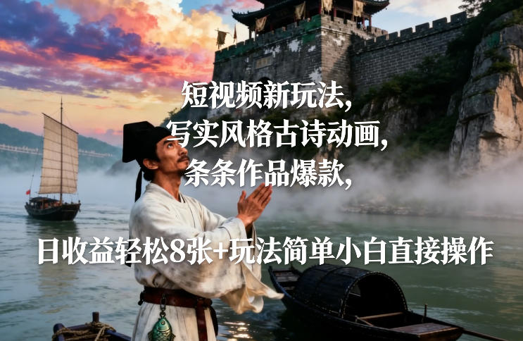 短视频新玩法，写实风格古诗动画，条条作品爆款，日收益轻松8张+玩法简单小白直接操作-A7徐多钱云网创
