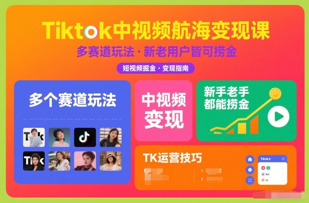 Tiktok中视频航海变现课，多个赛道玩法，新手老手都能在TK中视频捞金-A7徐多钱云网创
