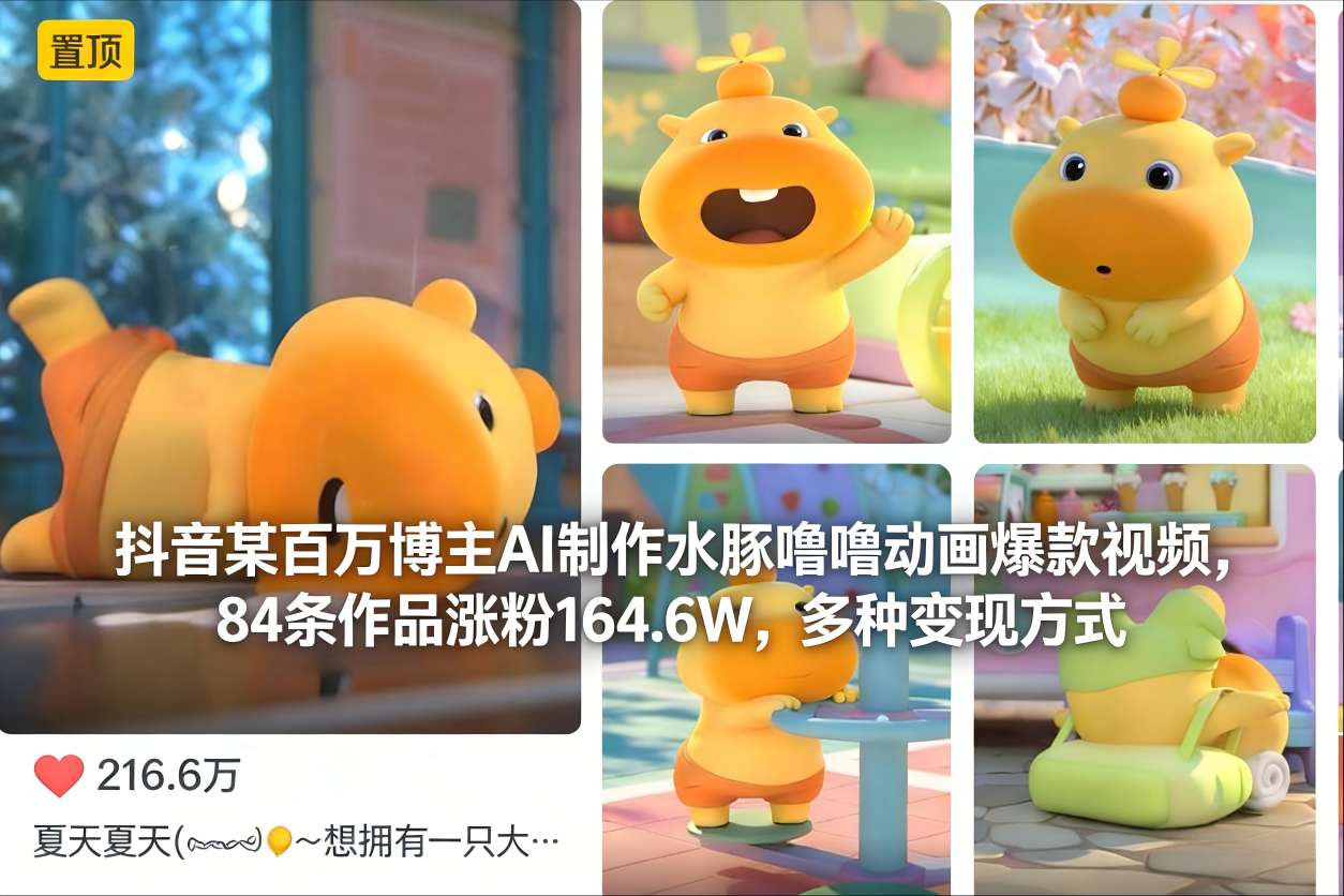 抖音某百万博主AI制作水豚噜噜动画爆款视频，84条作品涨粉164.6W，多种变现方式-A7徐多钱云网创